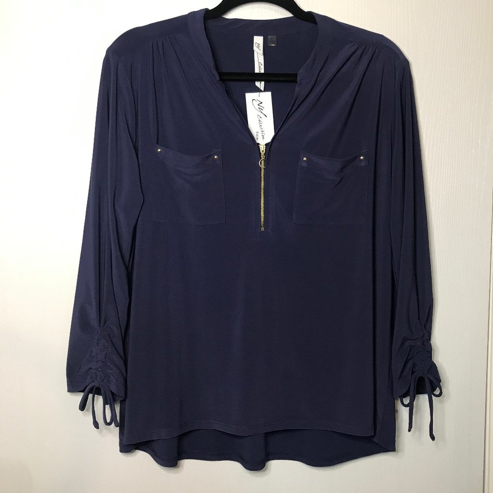 NY Collection Blouse Long Sleeve Navy Blue PLarge